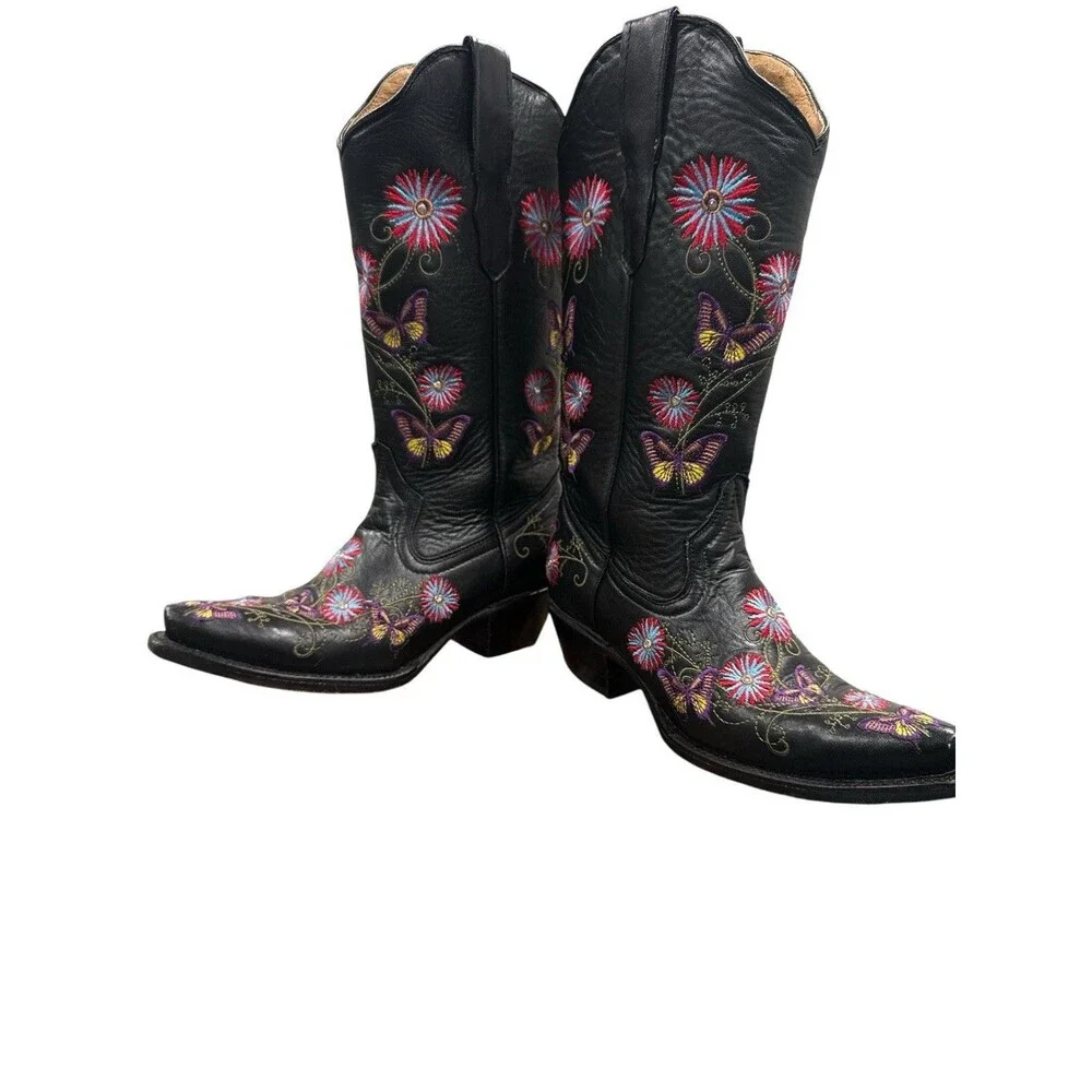 Cowboy Pro Black Leather Western Boots Floral Butterfly Embroidered Handmade 6.5
